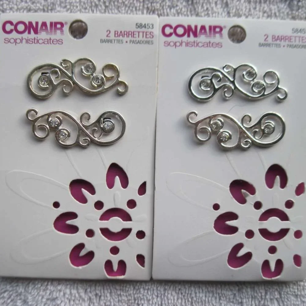 2 Conair Sophisticates Metal Secure Fit Tight Back Hair Barrettes Rhinestones